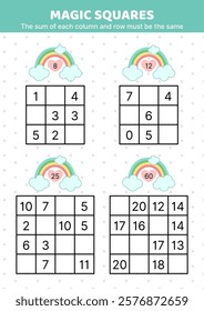 Magic squares. Math puzzle game. The sum of each column and row must be the same. Fill in the missing numbers. Educational attention game for kids. Isolated vector illustration eps 10