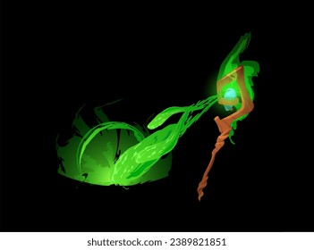 Magic staff, fantasy weapon for wizard flat style, vector illustration isolated on black background. Decorative design element for online game, green flash