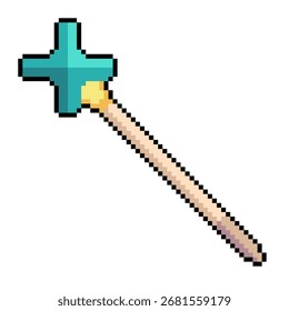 Personal mágico con la punta verde de la gema en forma de cruz, icono del arte del pixel, aislado
