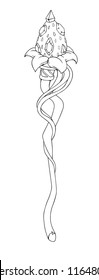 Magic staff. Hand drawn vector illustration. Outline object on white background. Can be used for coloring book, page, mobile game, cards. 