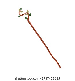 Magic staff, mystical tree branch with leaves. Wooden stick, folklore fairytale cane. Forest wizard costume accessory, wood pole, rod. Flat vector illustration isolated on white background