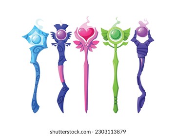 Magic Staff Set. Collection Of Powerful Wooden Wands Adorned With Precious Gems And Symbols, Imbued With Mystical Energy