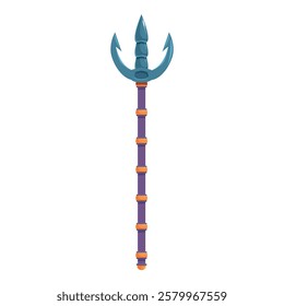 Magic staff with a three pronged spear point standing upright on a white background