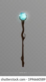 Magic staff or walking stick with crystal in cartoon style. Vector illustration