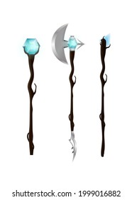 Magic staff or walking stick with crystal in cartoon style. Vector illustration