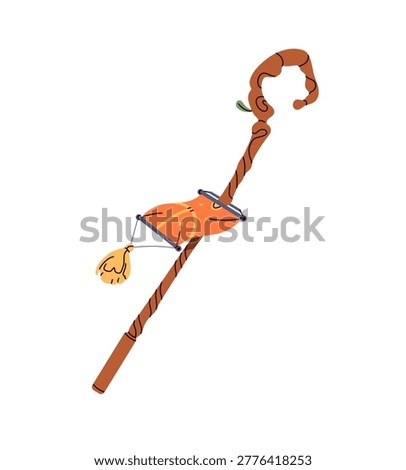 Magic staff of wizard with pennant. Crooked wand of witch with flag. Fantasy wooden stick for witchcraft. Scepter for sorcerers and magicians. Flat isolated vector illustration on white background