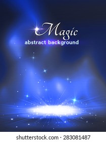 Magic stage background with smoke and stars. Vector illustration