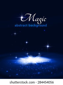 Magic stage background with smoke and stars. Vector illustration