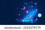 Magic stairs. Future astrology mystery ladder or stairway in fantasy worlds. Neon stairs glowing in dark. Neon stairs with luminous steps in tech style. Fantastic dream ladder or stairway way to up.