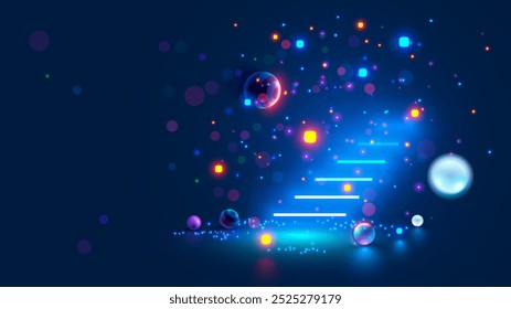 Magic stairs. Future astrology mystery ladder or stairway in fantasy worlds. Neon stairs glowing in dark. Neon stairs with luminous steps in tech style. Fantastic dream ladder or stairway way to up.