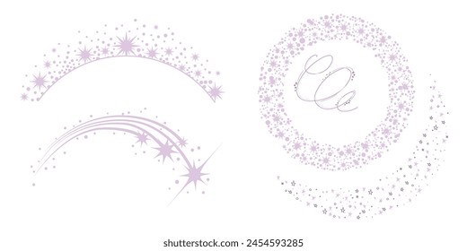 Magic star arch. Stars arch, star compositions graphic art. Shiny elements, starry and dots silhouettes. Comets and abstract constellations, retro celestial vector set