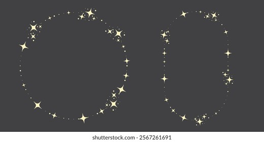 Magic star arch. Stars arch, star compositions graphic art. Shiny elements, starry and dots silhouettes. Comets and abstract constellations, retro celestial vector set