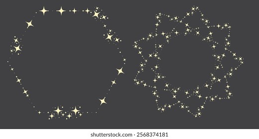 Magic star arch. Stars arch, star compositions graphic art. Shiny elements, starry and dots silhouettes. Comets and abstract constellations, retro celestial vector set