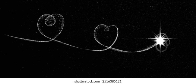 Magic star with dusty tail forming heart. Space ship with curved trail in space. Futuristic landscape, with noise texture .  Comet with starry sky .Vector illustration