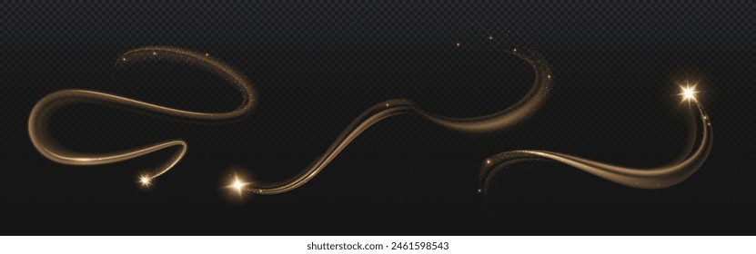 Magic star falling with golden trail isolated on transparent background. Vector realistic illustration of yellow stardust shimmering on dark, sparkling curvy lines, abstract swirl trace, flash energy