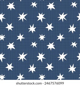 Magic star seamless pattern. Night star sky on dark blue checkered background. Kids seamless print for fabric or wallpaper.