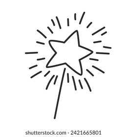 Estrella mágica con icono de línea de brillo y radiancia. Silueta de contorno negro delgada de estrella de fuegos artificiales hacia arriba, varita de hadas sobre icono monocromo de palo, elemento de sueño e imaginación ilustración vectorial