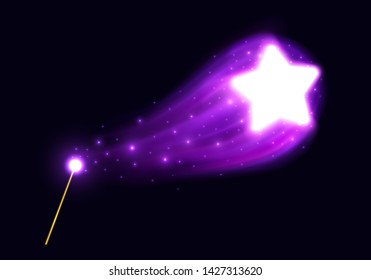 Magic star spell, flying from wizard wand. Vector illustration. 