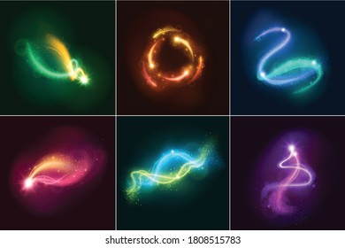 Magic stardust realistic design concept consisting of six multicolored luminous abstract shapes on black background vector illustration