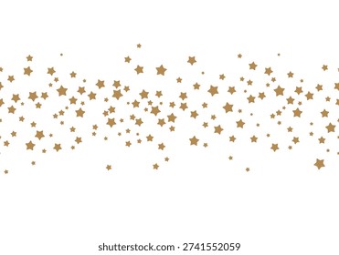 Magic stardust trail. Falling star. Golden star of confetti. Falling stars on a white background. Starry horizontal border. Vector decoration effect from flowing stars. Design element for anniversary, birthday, party or other celebrating events. Seamless border with stars