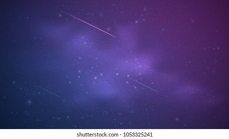 Magic Starry Sky with a luminous blue and purple milky way. Shooting stars. Falling comets. Shining stars. Background for your design. Vector illustration. EPS 10