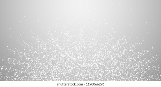 Magic stars Christmas background. Subtle flying snow flakes and stars on light grey background. Astonishing winter silver snowflake overlay template. Magnetic vector illustration.