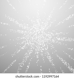 Magic stars Christmas background. Subtle flying snow flakes and stars on light grey background. Winter silver snowflake overlay template. Overwhelming vector illustration.