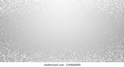 Magic stars Christmas background. Subtle flying snow flakes and stars on light grey background. Bewitching winter silver snowflake overlay template. Curious vector illustration.