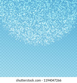 Magic stars Christmas background. Subtle flying snow flakes and stars on blue transparent background. Amazing winter silver snowflake overlay template. Charming vector illustration.