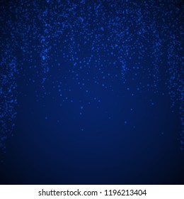 Magic stars Christmas background. Subtle flying snow flakes and stars on dark blue night background. Admirable winter silver snowflake overlay template. Exquisite vector illustration.