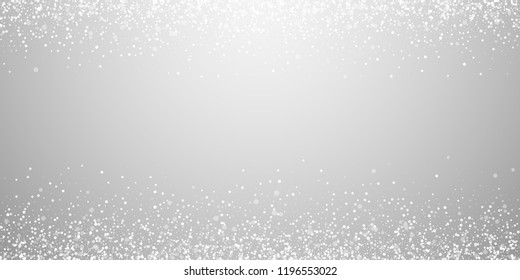 Magic stars Christmas background. Subtle flying snow flakes and stars on light grey background. Amusing winter silver snowflake overlay template. Quaint vector illustration.