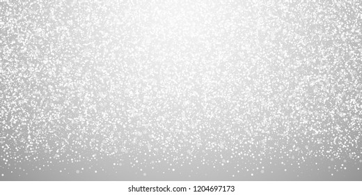 Magic stars Christmas background. Subtle flying snow flakes and stars on light grey background. Adorable winter silver snowflake overlay template. Fascinating vector illustration.