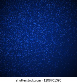 Magic stars Christmas background. Subtle flying snow flakes and stars on dark blue night background. Alluring winter silver snowflake overlay template. Tempting vector illustration.