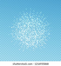 Magic stars Christmas background. Subtle flying snow flakes and stars on blue transparent background. Beauteous winter silver snowflake overlay template. Favorable vector illustration.