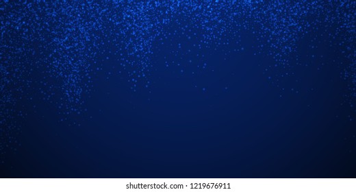 Magic stars Christmas background. Subtle flying snow flakes and stars on dark blue night background. Awesome winter silver snowflake overlay template. Fantastic vector illustration.