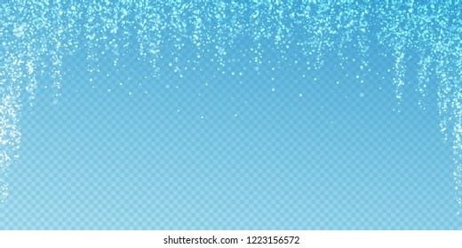 Magic stars Christmas background. Subtle flying snow flakes and stars on transparent blue background. Actual winter silver snowflake overlay template. Pleasant vector illustration.