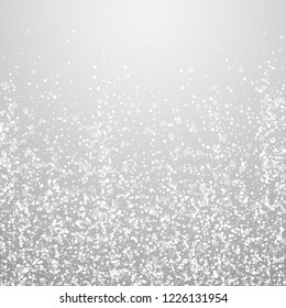 Magic stars Christmas background. Subtle flying snow flakes and stars on light grey background. Adorable winter silver snowflake overlay template. Actual vector illustration.