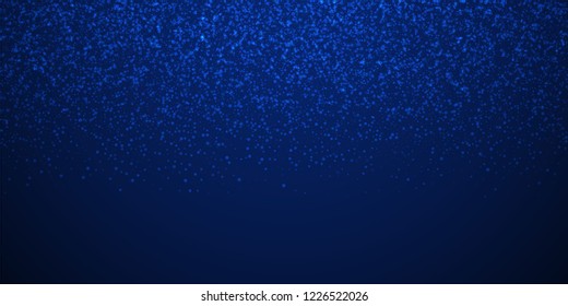 Magic stars Christmas background. Subtle flying snow flakes and stars on vlue sky background. Adorable winter silver snowflake overlay template. Ecstatic vector illustration.