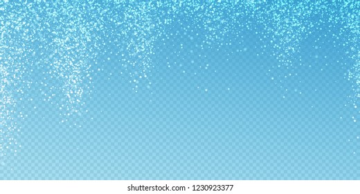 Magic stars Christmas background. Subtle flying snow flakes and stars on transparent blue background. Admirable winter silver snowflake overlay template. Original vector illustration.