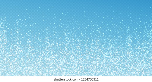 Magic stars Christmas background. Subtle flying snow flakes and stars on transparent blue background. Admirable winter silver snowflake overlay template. Alluring vector illustration.
