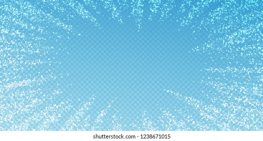 Magic stars Christmas background. Subtle flying snow flakes and stars on transparent blue background. Alive winter silver snowflake overlay template. Likable vector illustration.