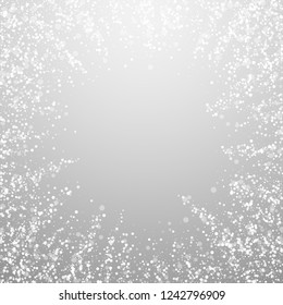 Magic stars Christmas background. Subtle flying snow flakes and stars on light grey background. Amazing winter silver snowflake overlay template. Sightly vector illustration.