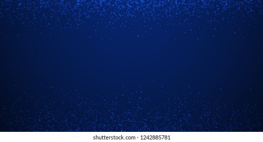Magic stars Christmas background. Subtle flying snow flakes and stars on dark blue night background. Amusing winter silver snowflake overlay template. Pretty vector illustration.