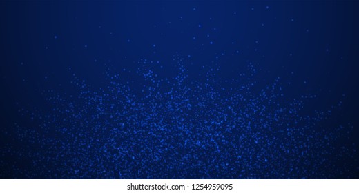 Magic stars Christmas background. Subtle flying snow flakes and stars on dark blue night background. Astonishing winter silver snowflake overlay template. Lovely vector illustration.