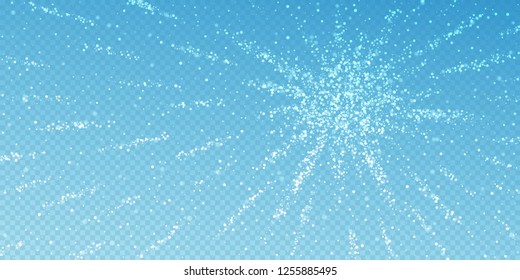 Magic stars Christmas background. Subtle flying snow flakes and stars on blue transparent background. Astonishing winter silver snowflake overlay template. Comely vector illustration.