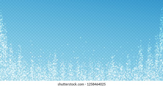 Magic stars Christmas background. Subtle flying snow flakes and stars on transparent blue background. 