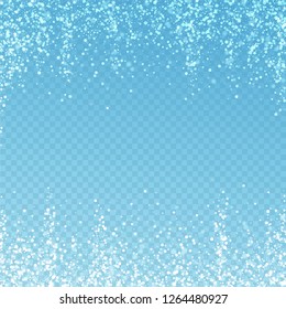 Magic stars Christmas background. Subtle flying snow flakes and stars on blue transparent background. Adorable winter silver snowflake overlay template. Emotional vector illustration.