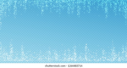 Magic stars Christmas background. Subtle flying snow flakes and stars on transparent blue background. Admirable winter silver snowflake overlay template. Creative vector illustration.