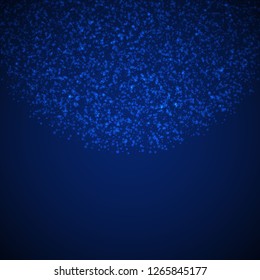 Magic stars Christmas background. Subtle flying snow flakes and stars on dark blue night background. Amazing winter silver snowflake overlay template. Classic vector illustration.