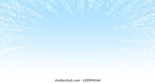 Magic stars Christmas background. Subtle flying snow flakes and stars on night sky background. Alive winter silver snowflake overlay template. Juicy vector illustration.